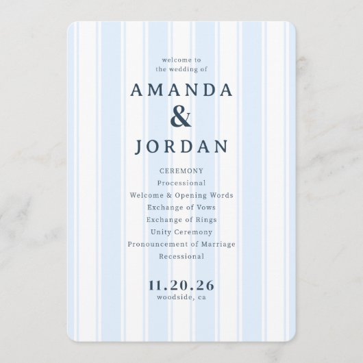 Amanda & Jordan Elegant Blue Vertical Ceremony Programmakaart (Voorkant)