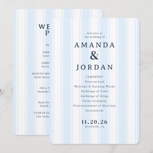 Amanda & Jordan Elegant Blue Vertical Ceremony Programmakaart (Voorkant / Achterkant)