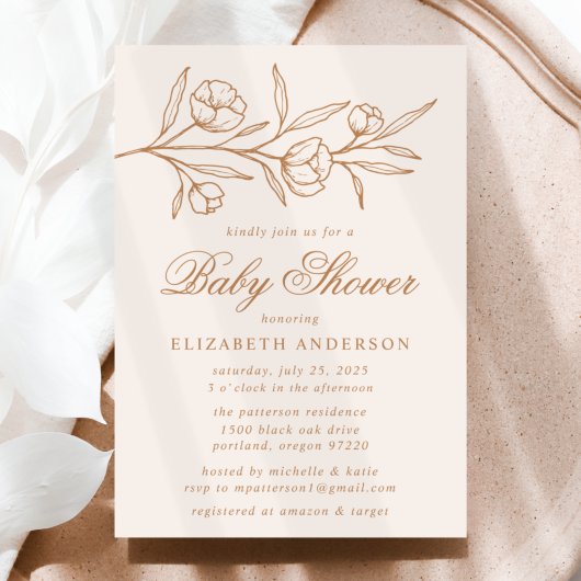 Amandel en koper geschetste bloem baby shower kaart