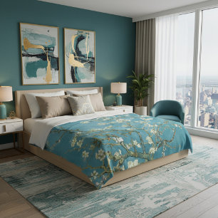 Amandelbloesem Florale Boho Blauwe Klassieke Kunst Fleece Deken