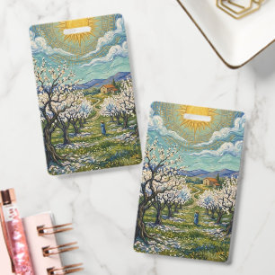Amandelboomgaard in bloei in Van Gogh-stijl zonove Badge