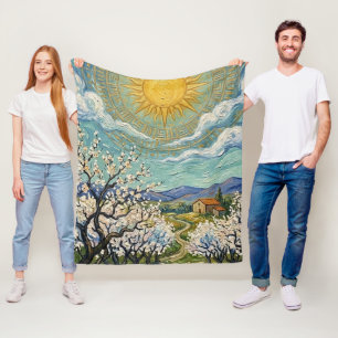 Amandelboomgaard in bloei in Van Gogh-stijl zonove Fleece Deken