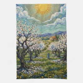Amandelboomgaard in bloei in Van Gogh-stijl zonove Theedoek