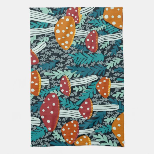 Amanita Magical Mushroom Fern Forest Pattern Theedoek (Verticaal)