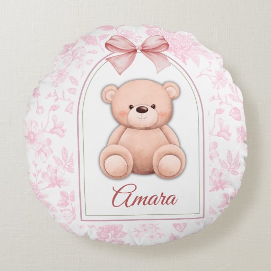 Amara | Aangepaste Roze Teddybeer Nursery Design Rond Kussen (Voorkant)