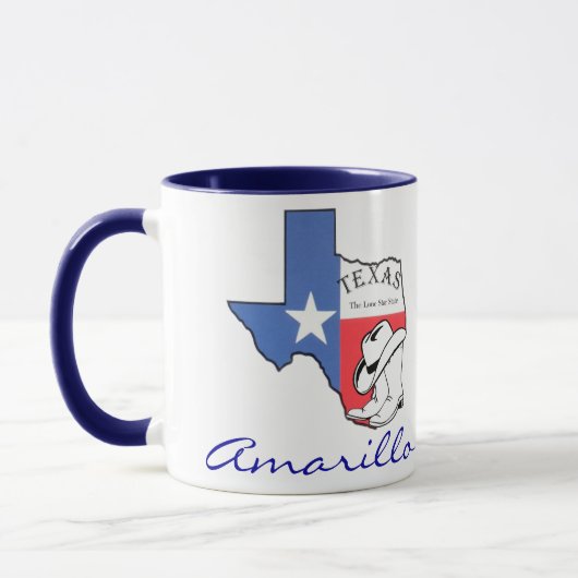 Amarillo Texas Staatkaart met Ster, Laarzen, Hoed Mok (Links)