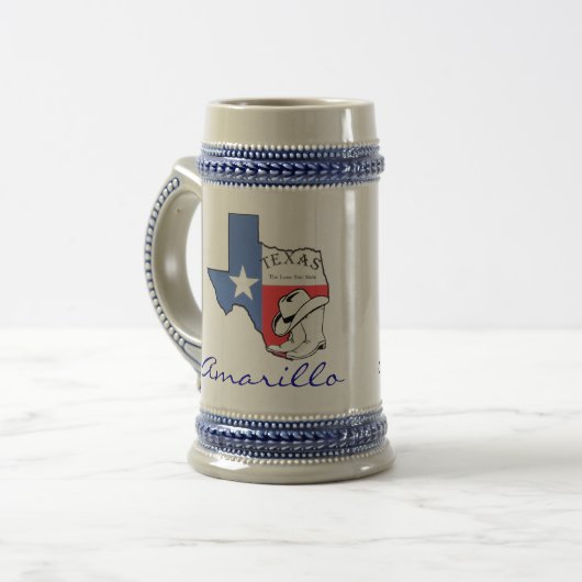 Amarillo Texas State Map w/ Star, Boots, Pet Stein Bierpul (Voorkant links)