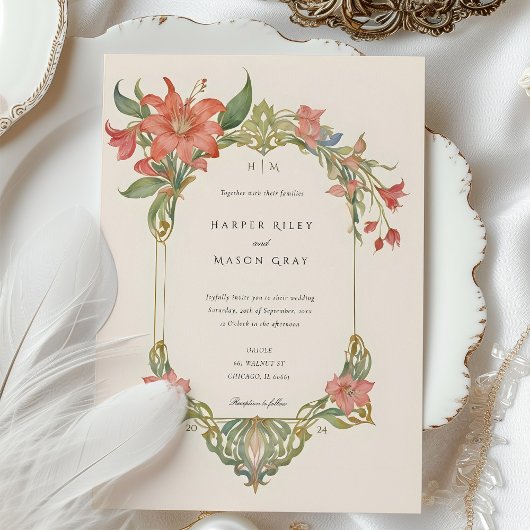 Amaryllis Art Nouveau bruiloft uitnodiging