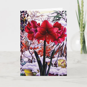 Amaryllis door sneeuwvenster feestdagen kaart