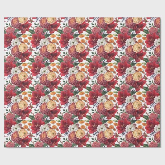 Amaryllis en Chrysanten Bloemenpatroon Cadeaupapier (Vlak)