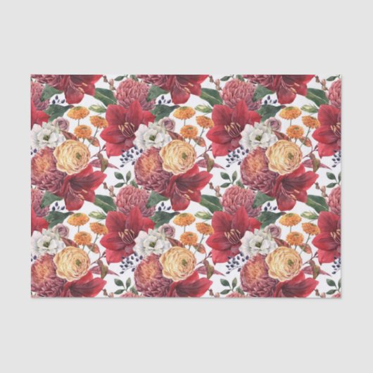 Amaryllis en Chrysanten Bloemenpatroon Tissuepapier (Voorkant)