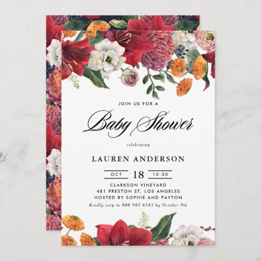 Amaryllis en Mums Botanisch Baby shower Kaart (Voorkant / Achterkant)