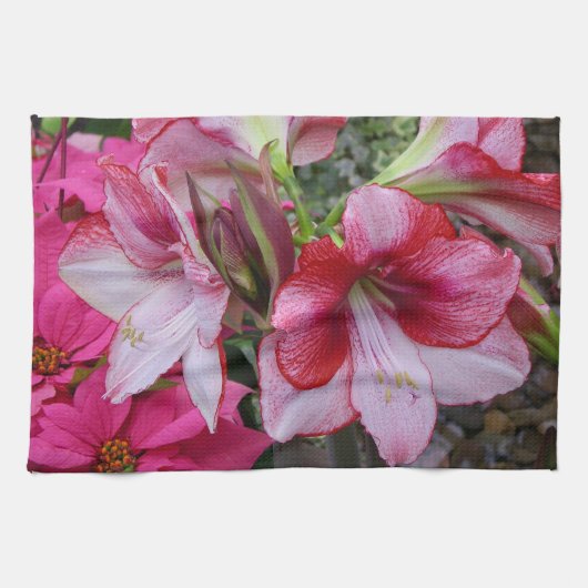 Amaryllis en Poinsettia Red Holiday Flowers Theedoek (Horizontaal)