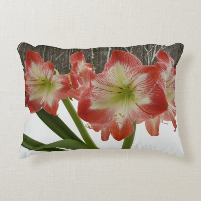 Amaryllis in Snow Red Holiday Winter Floral Accent Kussen (Voorkant)