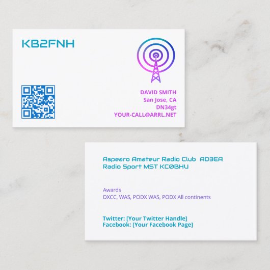 Amateur Radio Call Sign Kaarten met aangepaste QR- Visitekaartje (Voorkant / Achterkant)