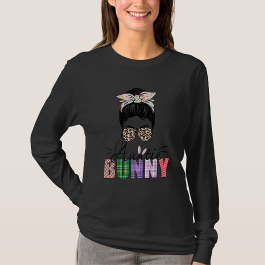 Amatie tante Bunny Messy Bun Leopard Happy Easte T-shirt (Voorkant)