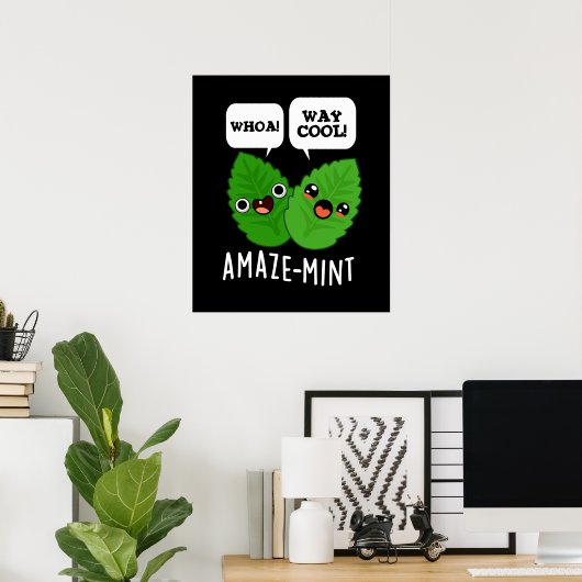 Amaze-mint Funny Mint Leaves Pun Dark BG Poster (Thuiskantoor)