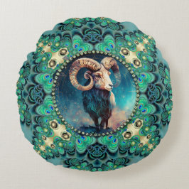 Amazing Aries Zodiac Green Blue Fractal Lace Rond Kussen