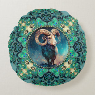 Amazing Aries Zodiac Green Blue Fractal Lace Rond Kussen