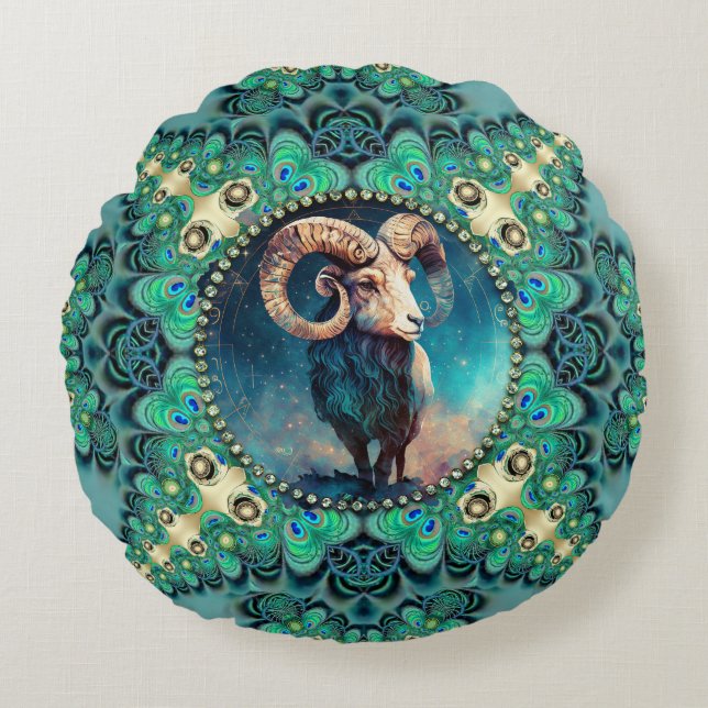 Amazing Aries Zodiac Green Blue Fractal Lace Rond Kussen (Voorkant)