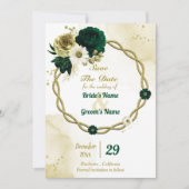 Amazing emerald green iory gold floral wreate save the date (Voorkant)