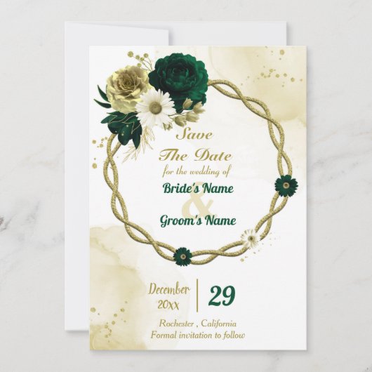 Amazing emerald green iory gold floral wreate save the date (Voorkant)