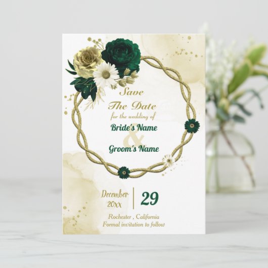 Amazing emerald green iory gold floral wreate save the date (Staand voorkant)