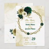 Amazing emerald green iory gold floral wreate save the date (Voorkant / Achterkant)