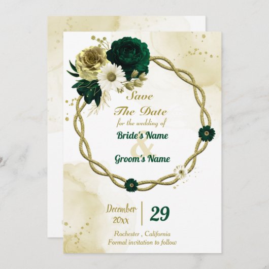 Amazing emerald green iory gold floral wreate save the date (Voorkant / Achterkant)