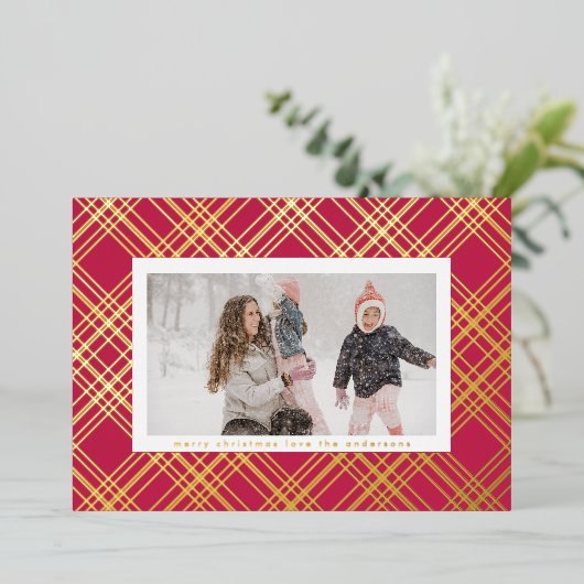 Amazing Gold Lines Kerstmis Gingham Foto Lijst Folie Feestdagenkaart (Staand Voorkant)