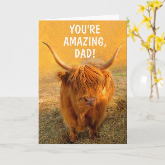 Amazing Highland Steer Vaderdag Kaart (Gele Bloem)