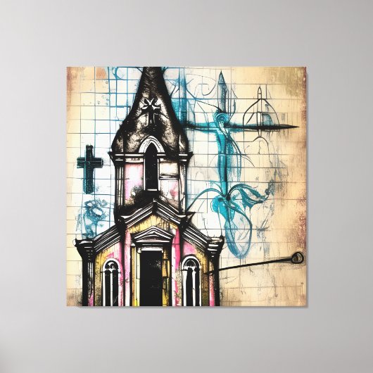 Amazing Pencil Sketch, Church, Jesus on Cross Canvas Afdruk (Voorkant)