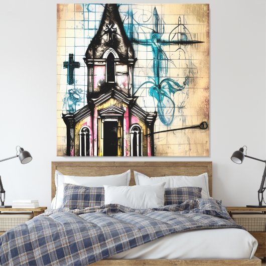 Amazing Pencil Sketch, Church, Jesus on Cross Canvas Afdruk (Insitu (Slaapkamer))