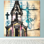 Amazing Pencil Sketch, Church, Jesus on Cross Canvas Afdruk (Insitu (Houten vloer))