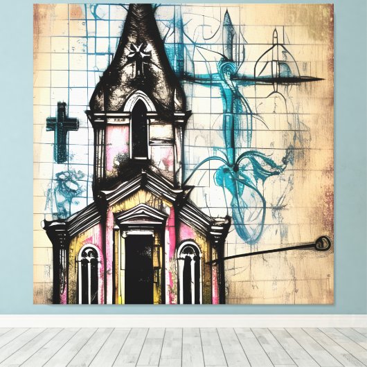 Amazing Pencil Sketch, Church, Jesus on Cross Canvas Afdruk (Insitu (Houten vloer))