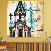Amazing Pencil Sketch, Church, Jesus on Cross Canvas Afdruk (Insitu (Woonkamer))