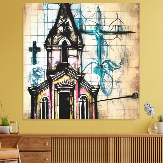 Amazing Pencil Sketch, Church, Jesus on Cross Canvas Afdruk (Insitu (Woonkamer))
