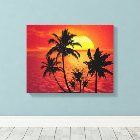 Amazing sunset with palms on tropical beach canvas afdruk (Insitu (Houten vloer))