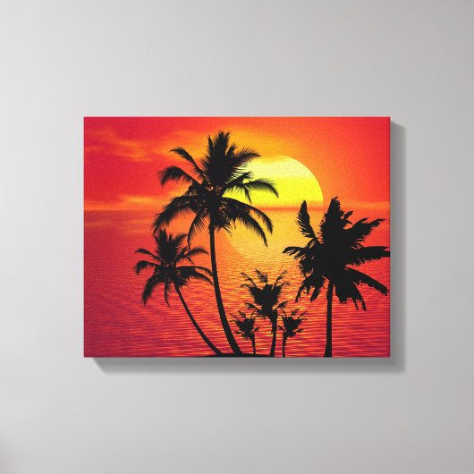 Amazing sunset with palms on tropical beach canvas afdruk (Voorkant)