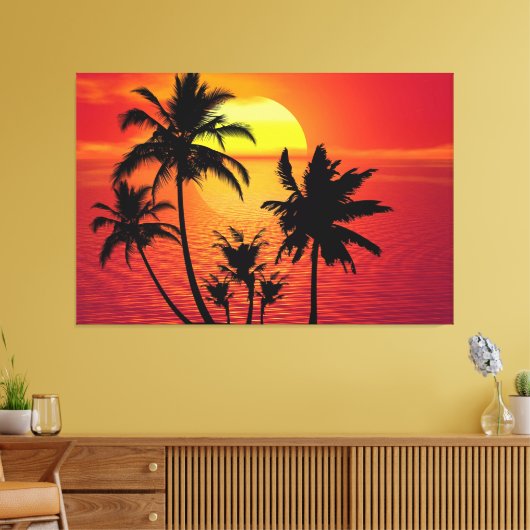 Amazing sunset with palms on tropical beach canvas afdruk (Insitu (Woonkamer))