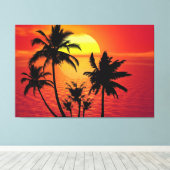 Amazing sunset with palms on tropical beach canvas afdruk (Insitu (Houten vloer))