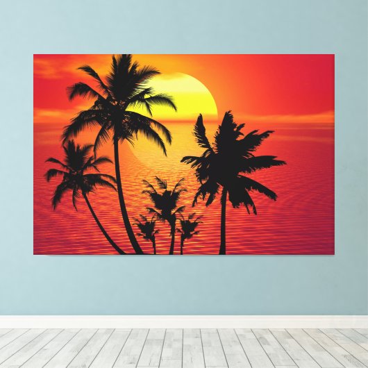 Amazing sunset with palms on tropical beach canvas afdruk (Insitu (Houten vloer))