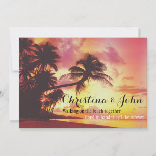 Amazing Tropical Beach Sunset Palm Trees Wedding Kaart