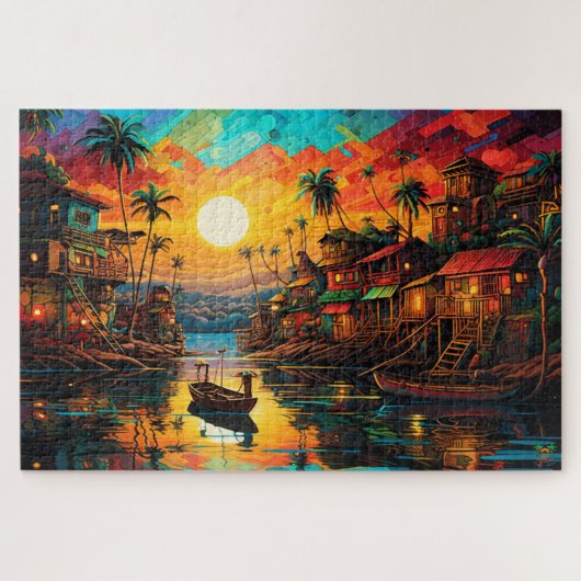 🌅Amazon Vissen Village Sunset Legpuzzel (Horizontaal)