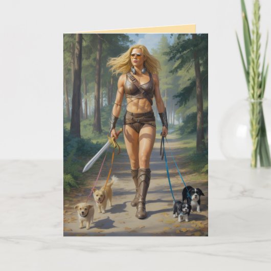 Amazon Warrior Walkin' the Dog Card Feestdagen Kaart (Voorkant)
