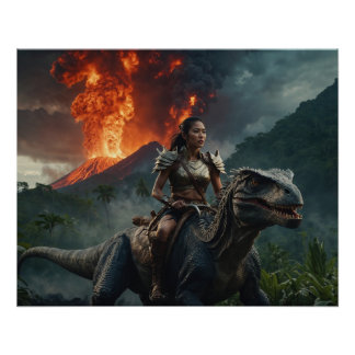 Amazone auf Dinosaurier vor Vulkan – Epische Fant Perfect Poster