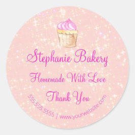 Ambachtelijk met Liefde| Cup Cake Bakkerij Roze G Ronde Sticker
