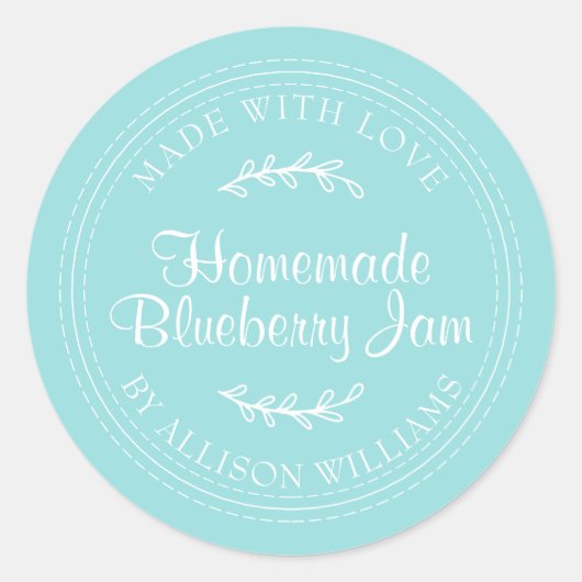 Ambachtelijke zelfgemaakte bosbessenjam in turquoi ronde sticker (Voorkant)