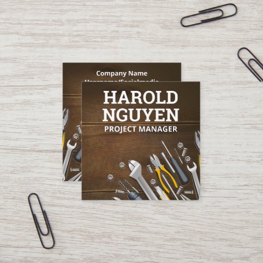 Ambachtslieden Gereedschap Houten Tafel Vierkante Visitekaartje (Voorkant / Achterkant in situ)