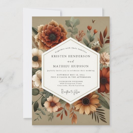 Amber Autumnal Floral Romance Wedding Kaart (Voorkant)